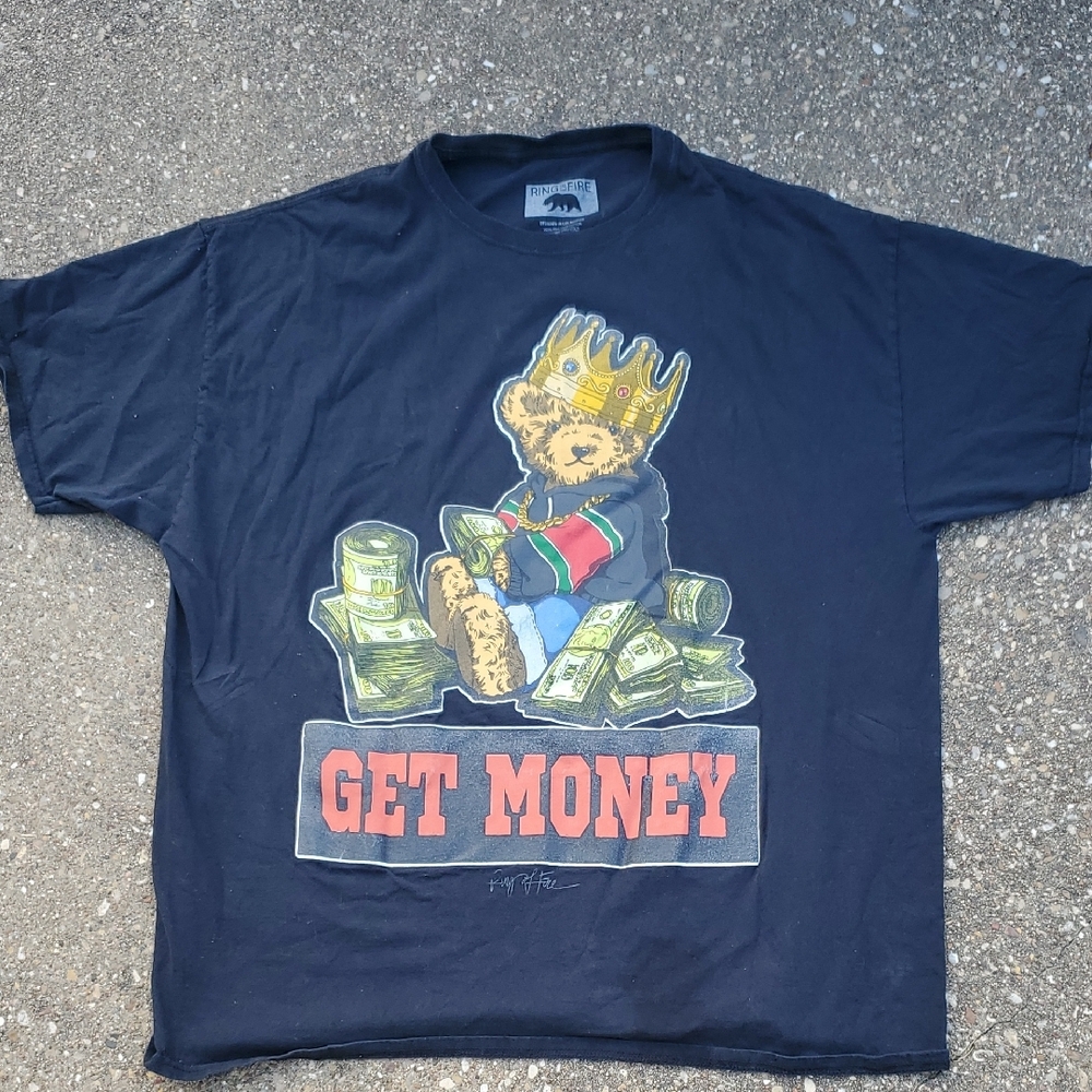 Ring of Fire Get Money Black Graphic T-Shirt with Bear with Crown Adult 2XL